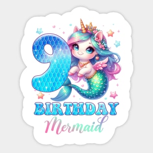 Unicorn Mermaid 9th Birthday 9 Year Old Party Girls B-day Gift For Girls Kids Sticker